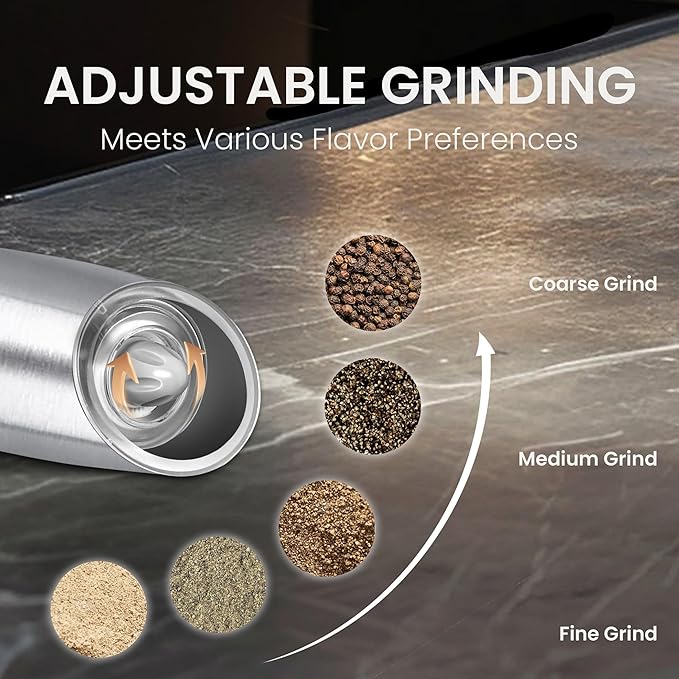 Battery Operated Salt And Pepper Grinder with LED Light, Automatic Electric Gravity Salt And Pepper Shakers, Each 6 AAA Batteries Needed, Adjustable Roughness, 1 Pack (Silver) - Image 3