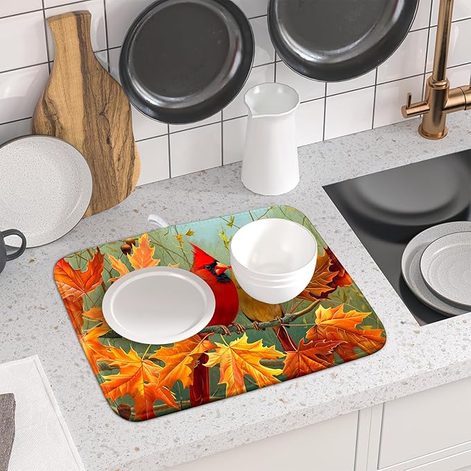 Giwawa Fall Birds Dish Drying Mat 16x18 Inch Autumn Maple Leaf Tree Dish Drainer Mats Thanksgiving Decorative Microfiber Reversible Dish Drying Rack Pad Small for Kitchen Countertop Tabletop