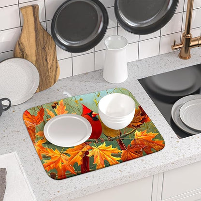 Giwawa Fall Birds Dish Drying Mat 16x18 Inch Autumn Maple Leaf Tree Dish Drainer Mats Thanksgiving Decorative Microfiber Reversible Dish Drying Rack Pad Small for Kitchen Countertop Tabletop
