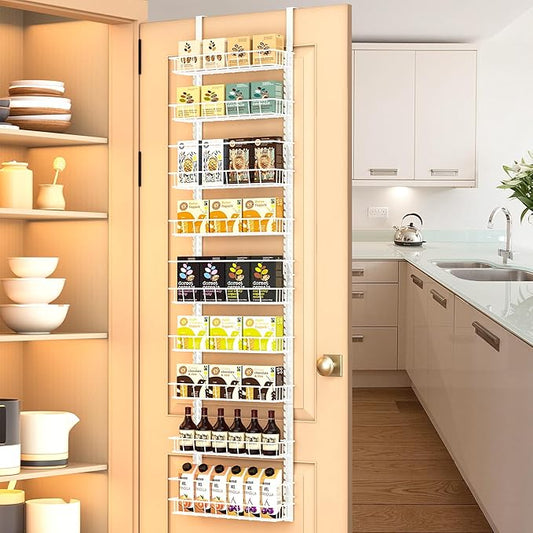 Churboro Over the Door Pantry Organizer Rack with 9 Adjustable Baskets, 9 Tiers Dual-use Hanging or Wall Mount Spice Rack Organizer, White by Churboro