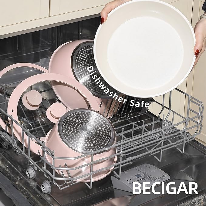 BECIGAR 23pcs Ceramic Pots and Pans Set, Nonstick Detachable Handle Cookware, Induction Kitchen Cooking Set with Removable Handle,include Frying Pans & Saucepans Oven Safe(Pink) - Image 6