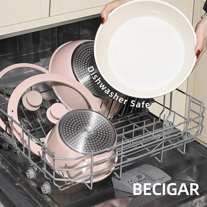 BECIGAR 23pcs Ceramic Pots and Pans Set, Nonstick Detachable Handle Cookware, Induction Kitchen Cooking Set with Removable Handle,include Frying Pans & Saucepans Oven Safe(Pink) - Image 6