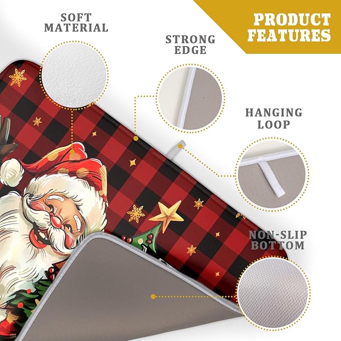 Merry Christmas Santa Claus Red Buffalo Plaid Dish Drying Mat for Kitchen Counter,Winter Snowflake Xmas Tree Drying Mat 18 x 24 Inch with Absorbent Reversible Microfiber Dish Drying Pad for Coffee Bar - Image 4