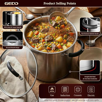 GEDO Food-Grade 304 Stainless Steel Stock Pot, Thickened Cooking Pot with Tempered Glass Lid, Heat-Resistant Handles, Fits All Stovetops for Soup Stew Canning, Dishwasher Safe (10, Quarts) - Image 8