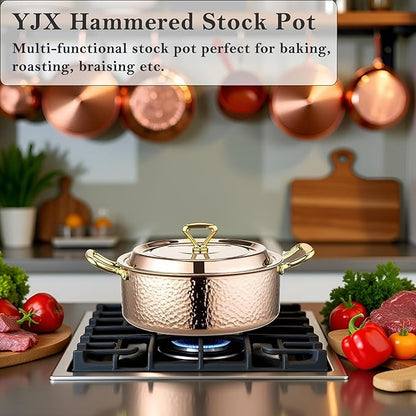 YJX 4.2QT Hammered Stock Pot with Lid, Copper Rose Gold, Tri-Ply Stainless Steel, Multi-Functional Cookware for Bake Roast Braise Saute, Magnetic Base, Dishwasher and Oven Safe (26CM)