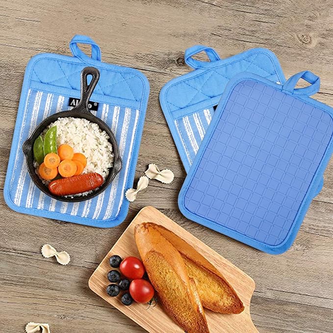 Alselo Silicone Pot Holders Set of 3 Heat Resistant & Non Slip Potholders, Professional Oven Hot Pads with Pockets Mitts for Kitchen Cooking Baking Barbecue (3, Blue) - Image 6