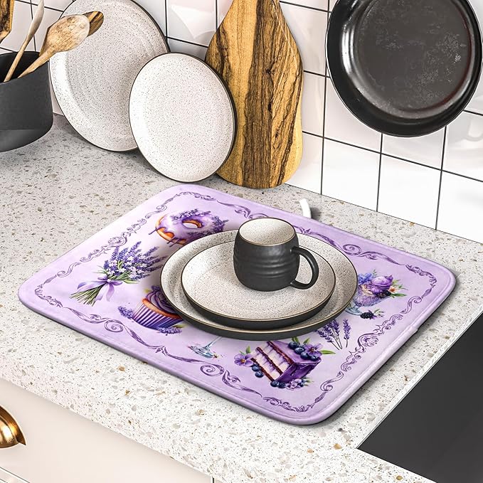 Purple Dish Drying Mats for Kitchen Counter Washable Drying Pad Absorbent Coffee Mat - Delicious Afternoon Tea - Image 5