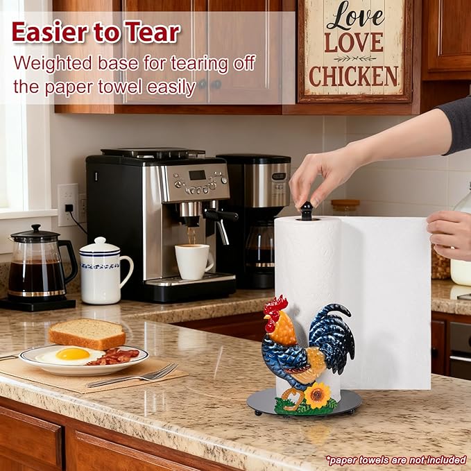Rooster Paper Towel Holder Countertop - Sunflower & Chicken Farmhouse Kitchen Decor and Accessories, Rustic Housewarming Gift for Rooster & Farmhouse Enthusiasts, Weighted Base - Image 4