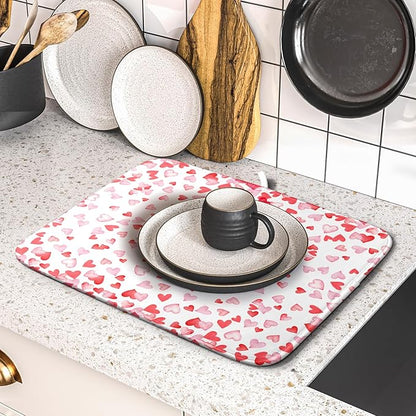 Valentine’s Day Dish Drying Mat for Kitchen Counter 18x16 Inch Watercolor Love Drying Mat with Absorbent Reversible Microfiber Pink Dish Drainer Mats Rack Pad for Coffee Countertop Protector