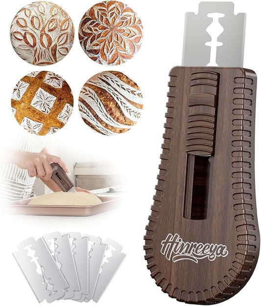 Sourdough Scoring Tool, Magnetic Bread Lame, Bread Scoring Tool with 5 Replaceable Blades, Dough Knife, Ergonomic ABS Handle for Perfect Dough Scoring on Artisan Bread (Walnut)
