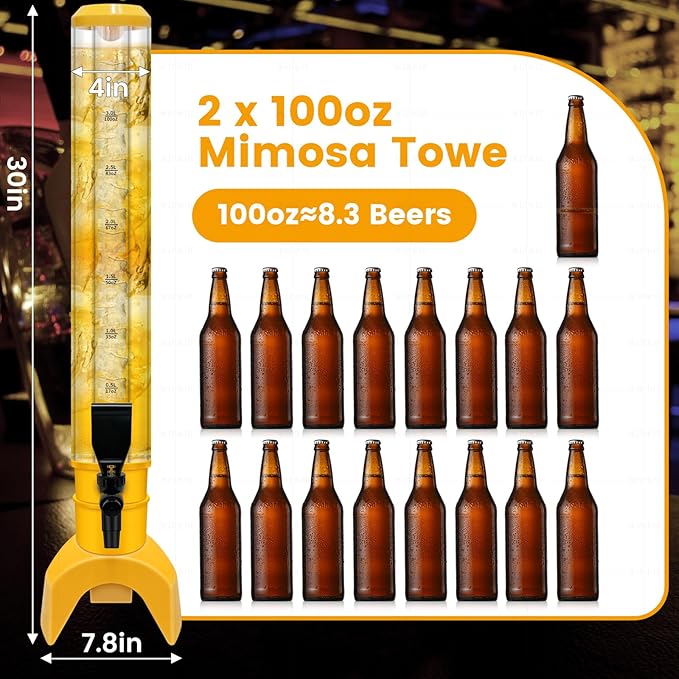 2 Pcs Beer Dispenser, 3L/100 Oz Mimosa Tower with Ice Tube for Bar Party, Tabletop Beer Dispenser for Beer, Liquor, Beverage (Yellow)