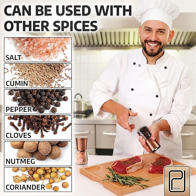 Premium Salt and Pepper Grinder Set with Bamboo Holder - 6 oz, Copper Stainless Steel - S&P Spice Shakers - Refillable & Adjustable Coarseness Hand Mill for Spices & Seasonings - by PJC-Kitchen - Image 4