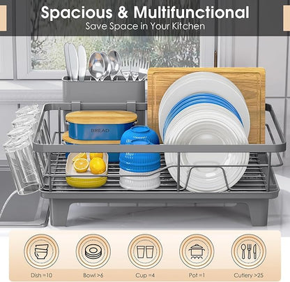 Urackify Dish Drying Rack for Kitchen Counter, Sink Dish Rack with Drainboard 12.2" W x 16.5" L, Large Dish Drainer with Cutlery Holder, Home Countertop Plate Dryer Storage Rack, Gray - Image 3