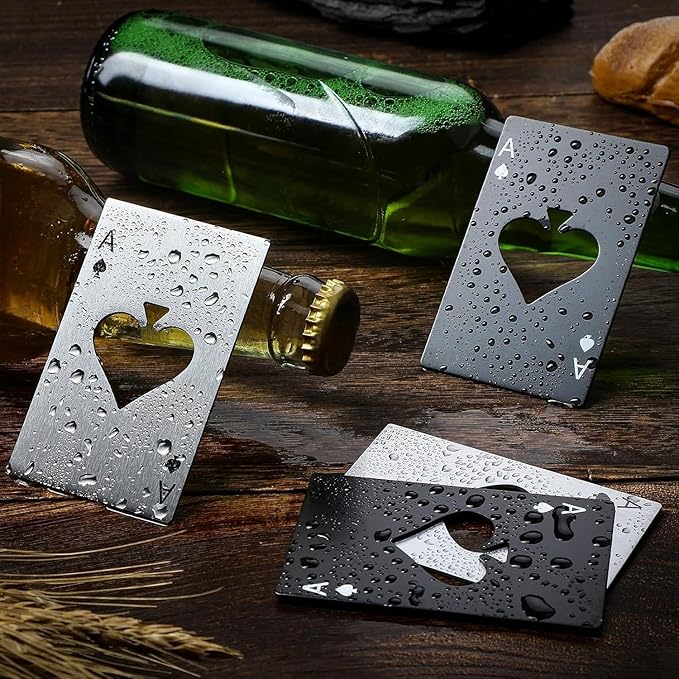 Chumia Poker Card Bottle Openers Stainless Steel Poker Card Beer Ace Bottle Cap Openers for Wedding Birthday Party Bridal Shower Table Tools Supplies(Silver, Black,6 Pieces)