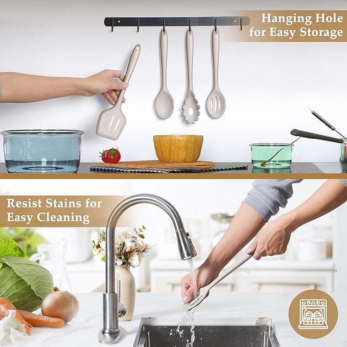 LIANYU 4Pcs Kitchen Utensils Set, Food-Grade Silicone Cooking Utensils, Farmhouse Kitchen Tools for Nonstick Cookware, Include Spoon, Turner, Pasta Server, Heat Resistant, Dishwasher Safe, Khaki - Image 6