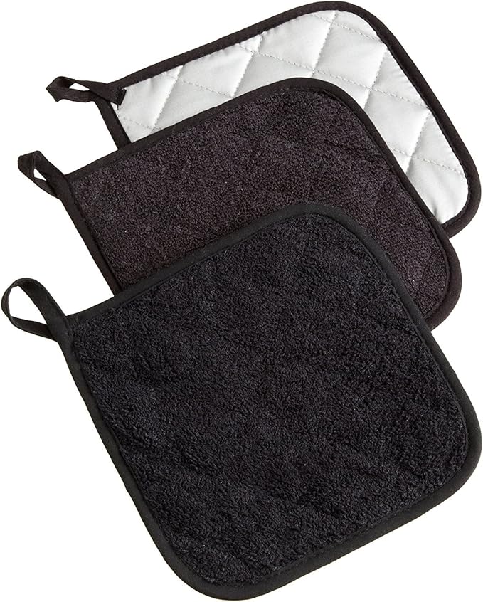 DII Basic Terry Collection Quilted 100% Cotton, Potholder, Black, 3 Piece by DII