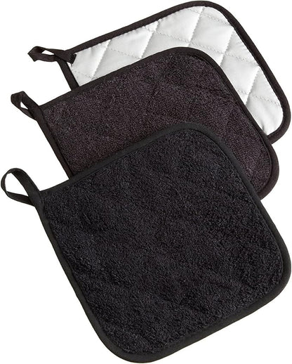 DII Basic Terry Collection Quilted 100% Cotton, Potholder, Black, 3 Piece by DII