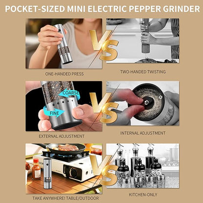 Mini Electric Salt and Pepper Grinder Stainless steel, USB Rechargeable, Small Automatic Salt Pepper Mill Grinder, Travel/Outdoor BBQ/Children, One-Button Control,External Adjustable Coarseness