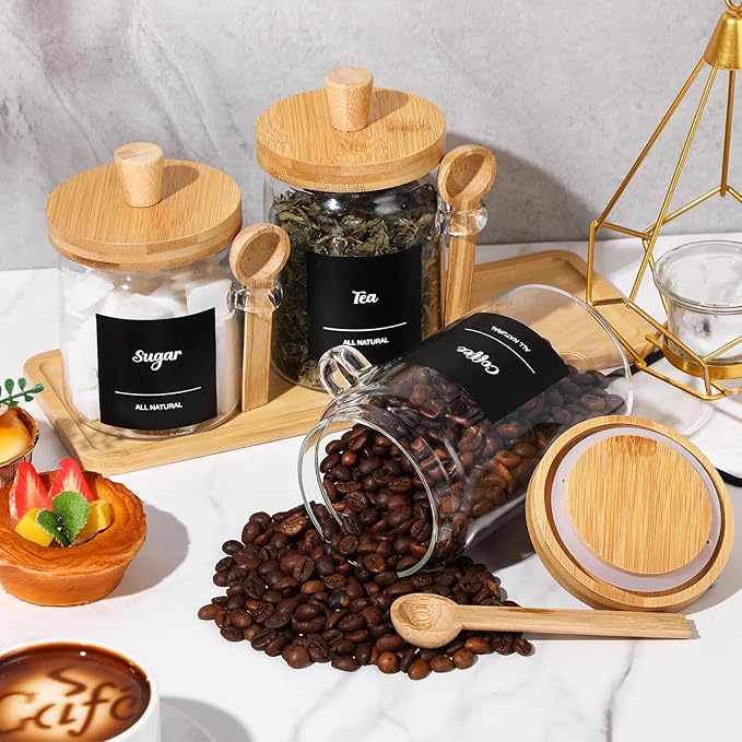 Suclain 3 Pcs Glass Coffee Container with Wooden Lid Spoon Shelf Labels Clear Airtight Jar Food Storage Canister Set for Sugar Spice Coffee Bean Holder Housewarming Gift(13.5,20,25 oz,Natural Bamboo) - Image 5