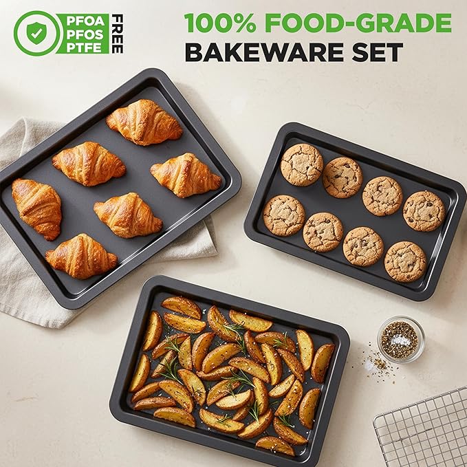 NutriChef 3-Piece Nonstick Baking Sheet Set – Non-Toxic Cookie Sheets for Everyday Baking – Small, Medium & Large Oven Safe Bakeware Trays – Warp-Resistant, Easy to Clean & Dishwasher Safe - Image 5