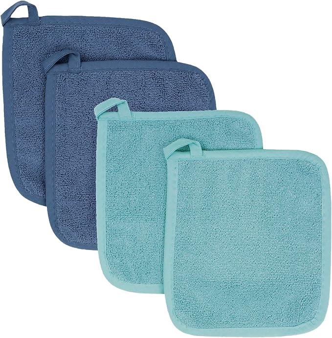 RITZ Terry Potholder & Hot Pad: Unparalleled Heat Resistant, Durable 100% Cotton – Ergonomically Designed for Optimal Grip – Easy-Care Machine Washable – 4-Pack, Dew/Federal by Ritz+Foodservice