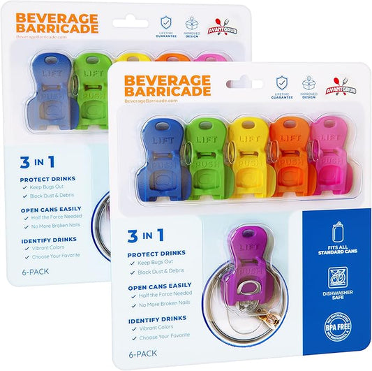 Complete Cover Easy Tab Opener New and Improved 12PK Beverage Barricade 2.0 by Avant Grub. Colorful Drink Can Protector Cap for Soda, Beer, Coke Shields From Bugs, Bees, Dust at the Party, BBQ, Beach by FoodRestaurantSupplies