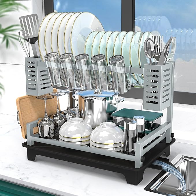 B-Land Dish Drying Rack, 2 Tier Dish Racks for Kitchen Counter, Large Dish Drying Rack with Drainboard & Utensil Holders, Rust-Proof Dish Drainers,Kitchen Organization by B-Land