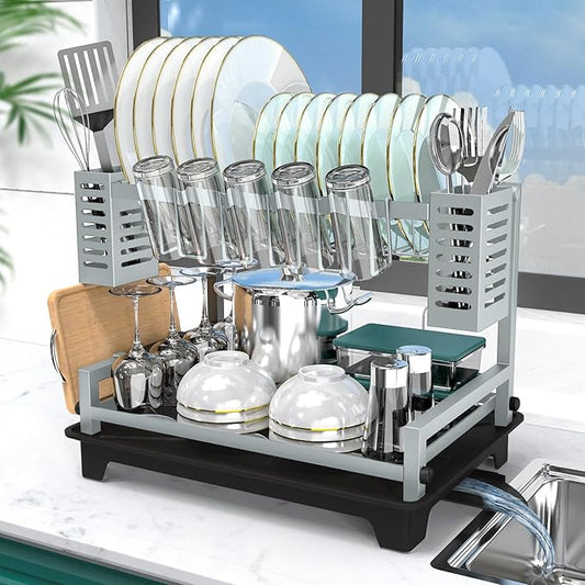 B-Land Dish Drying Rack, 2 Tier Dish Racks for Kitchen Counter, Large Dish Drying Rack with Drainboard & Utensil Holders, Rust-Proof Dish Drainers,Kitchen Organization by B-Land
