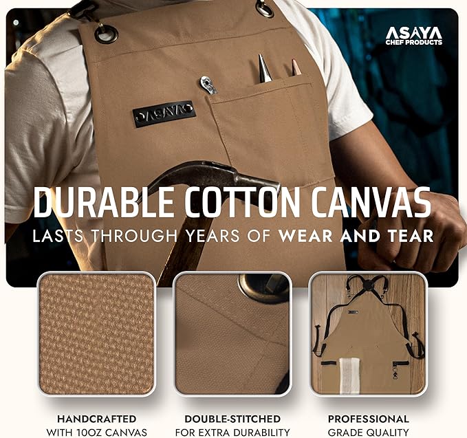 Asaya Chef and BBQ Apron with Bottle Opener and Hand Towel - 10oz Cotton Canvas, Stainless Steel Hardware - Cross Back Straps - Image 3