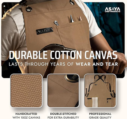 Asaya Chef and BBQ Apron with Bottle Opener and Hand Towel - 10oz Cotton Canvas, Stainless Steel Hardware - Cross Back Straps - Image 3