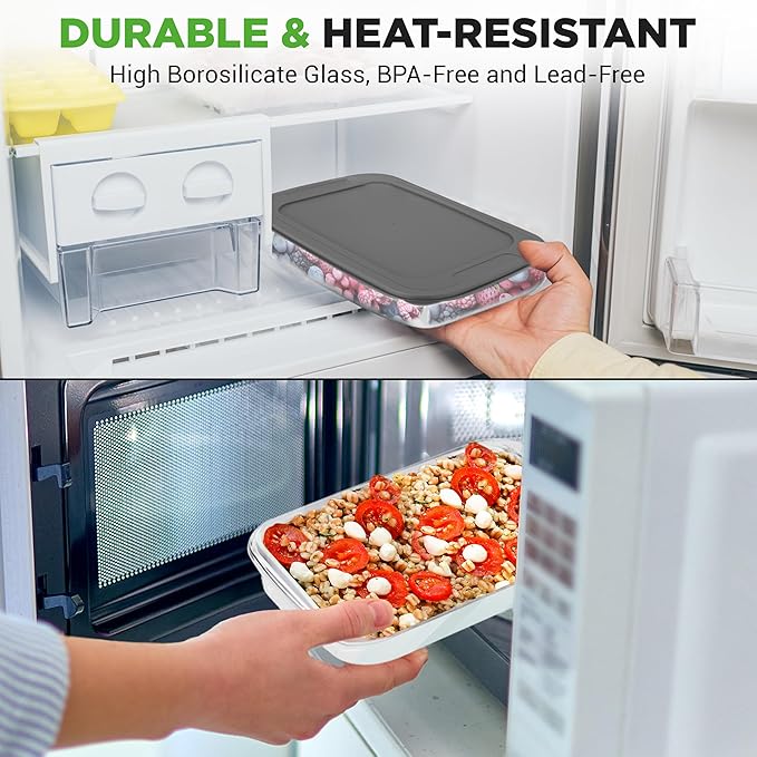 NutriChef 8-Piece Deep Glass Baking Dish for Oven with Lids - Casserole Dishes for Oven - Bakeware Sets for Lasagna, Meatloaf, Leftovers, Cooking, & Dishwasher Safe -Gray - Image 4