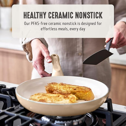 GreenLife 2-Piece Nonstick Frying Pan Set, 8” & 10” Skillets, Non-Toxic Ceramic Cookware, Dishwasher Safe, Stay-Cool Handles, Induction Ready, Fast Heating, Omelet Pan, PFAS Free, Beige Taupe