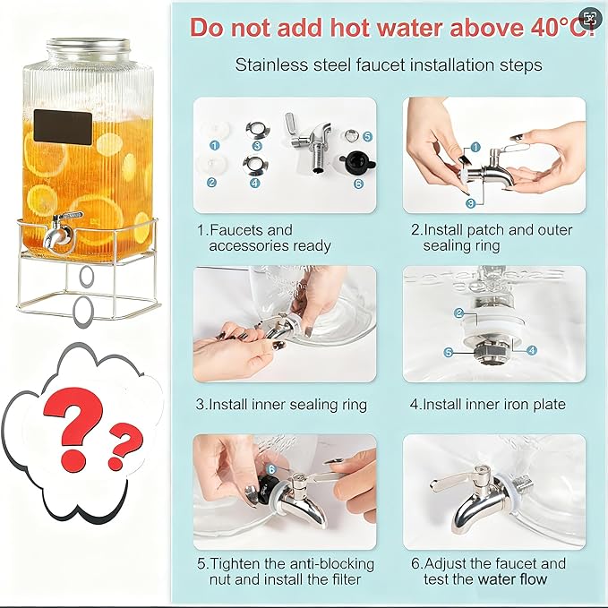 Lulonpon 6L(1.6 Gallon) Glass Drink Dispenser, Beverage Dispenser with Stainless Tap, Glass Water Juice Dispensers with Metal Stand, Water Jug with Tap Perfect for Parties,Weddings,Birthdays - Image 4