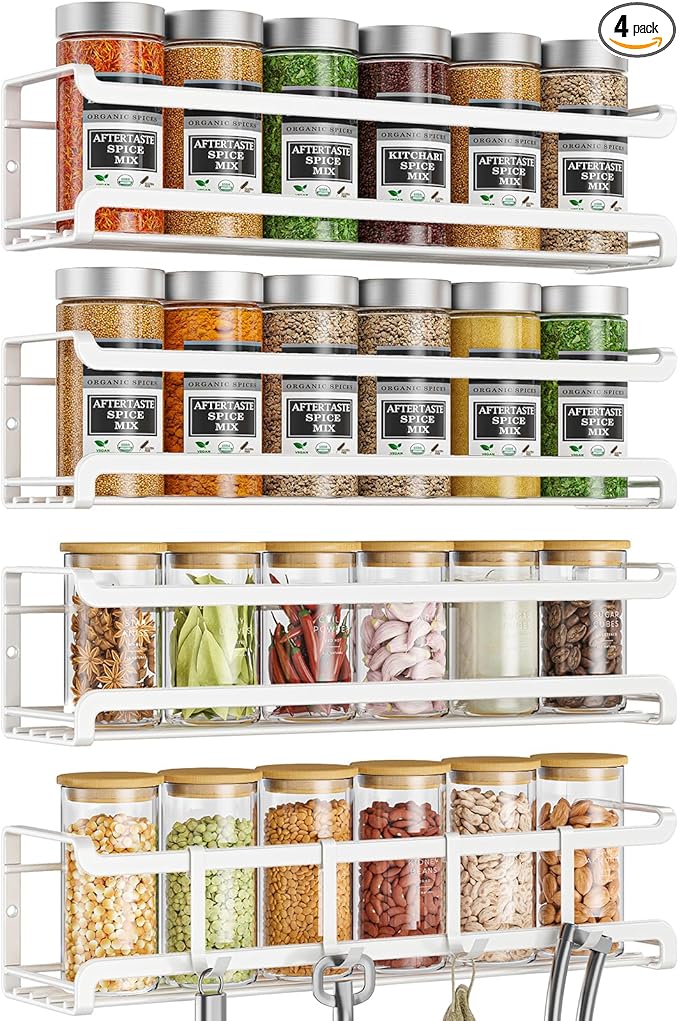 Bunoxea Spice Rack wall mounted 4 Pack, Space-Saving Spice Organizer for Spice Jars and Seasonings,Screw or Adhesive Hanging Spice Rack Organizer for Your Kitchen Cabinet,or Pantry Door,White by Bunoxea
