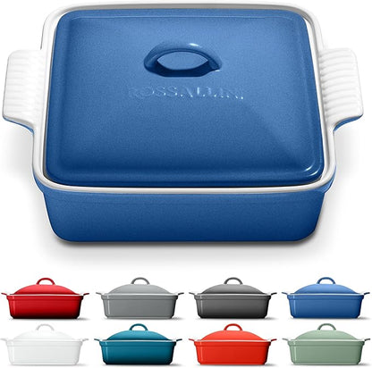 ROSSALLINI Stoneware Casserole Dish Bakeware with Lid | Covered Square Dinnerware | Medium 2 Quart, [Reactive Blue]