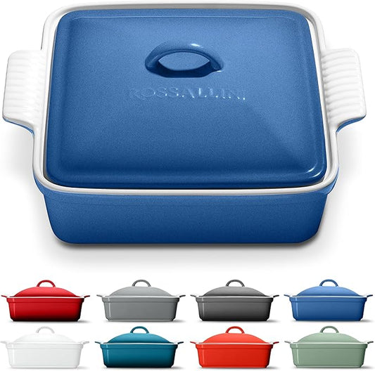 ROSSALLINI Stoneware Casserole Dish Bakeware with Lid | Covered Square Dinnerware | Medium 2 Quart, [Reactive Blue]