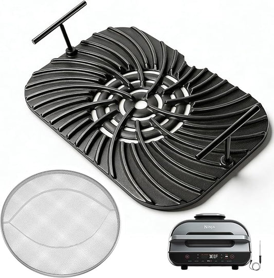 Grill Grate & Splatter Shield for Ninja Foodi FG551 DG551 Grill Accessories, Cast Iron Griddle Plate & Stainless Steel Splatter Screen for Ninja Foodi Smart XL 6-in-1 Grill Replacement Parts Non-stick