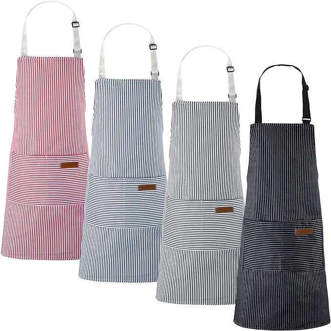 Handepo 4 Pcs Kitchen Aprons with Pockets Adjustable Waterproof Cotton Aprons Striped Apron for Women Men Chef Mother Gift by Handepo
