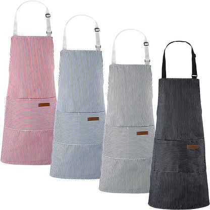 Handepo 4 Pcs Kitchen Aprons with Pockets Adjustable Waterproof Cotton Aprons Striped Apron for Women Men Chef Mother Gift by Handepo
