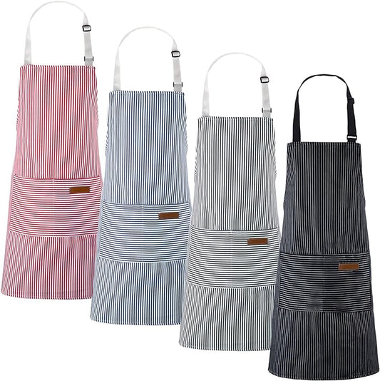 Handepo 4 Pcs Kitchen Aprons with Pockets Adjustable Waterproof Cotton Aprons Striped Apron for Women Men Chef Mother Gift by Handepo