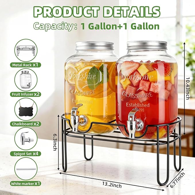 1 Gallon Glass Drink Dispensers For Parties, 2 Pack Beverage Dispenser，Lemonade Dispenser With Fruit Infuser And Stand For BBQ, Picnic, Party,Sun Tea