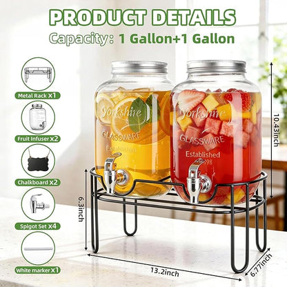 1 Gallon Glass Drink Dispensers For Parties, 2 Pack Beverage Dispenser，Lemonade Dispenser With Fruit Infuser And Stand For BBQ, Picnic, Party,Sun Tea