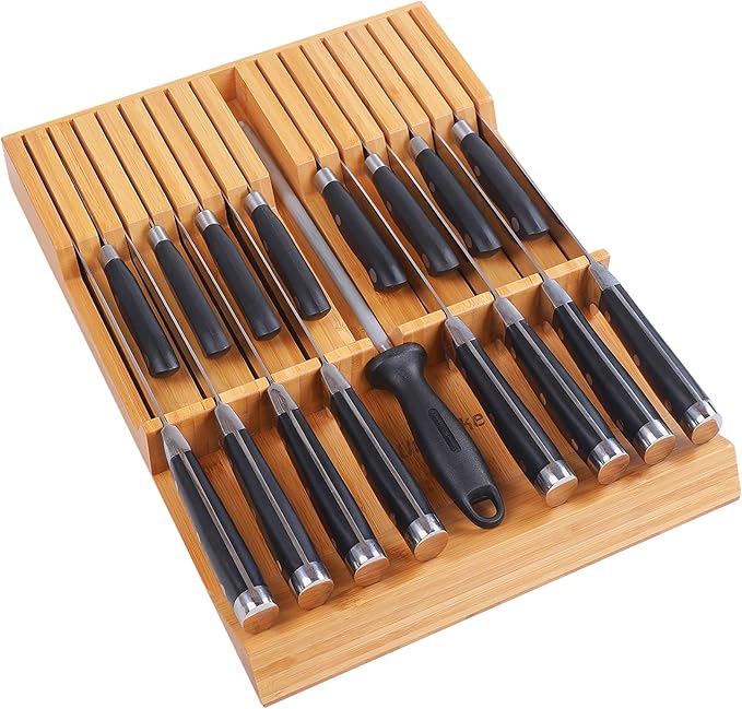 Utoplike In-drawer Knife Block Bamboo Kitchen Knife Drawer Organizer Large, handle Steak knife Holder without Knives, Fit for 16 Knife and 1 Sharpening Steel (Knives & Sharpening Not Included) by Utoplike