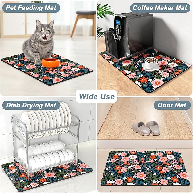 Rnivvi Coffee Mat, 12" x 19" Cute Coffee Bar Mats for Espresso Machine Station Accessories and Organizer, Hide Stain Rubber Backed Absorbent Dish Drying Pad for Kitchen Counter, Floral Cartoon - Image 7