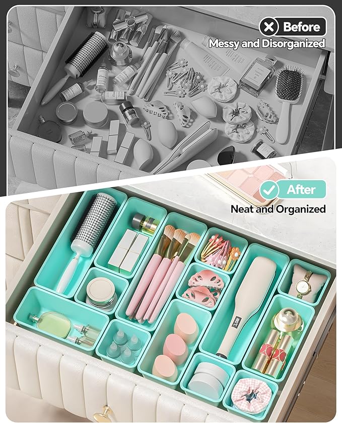 Canfanni 13 Pack Plastic Drawer Organizers Set, 3 Sizes Desk Drawer Organizer Trays for Vanity and Makeup Organizer, Organization and Storage for Makeup, Kitchen Utensils, Bathroom and Office(Blue) - Image 4