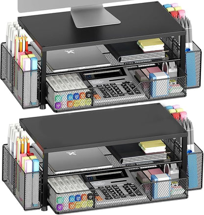 OPNICE Desk Organizer and Accessories, 2-Tier Computer Monitor Stand Riser with Drawer and 2 Pen Holders, Laptop Stand, Office Desk Accessories for Office Supplies, Black 2-Pack by OPNICE