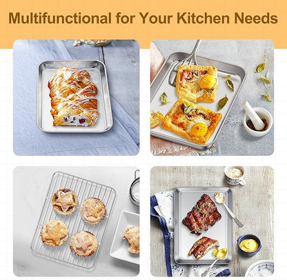 TeamFar Toaster Oven Tray and Rack Set, 9.3’’ x 7’’ x 1’’, Stainless Steel Toaster Oven Pan Broiler Pan, Non Toxic & Healthy, Easy Clean & Dishwasher Safe