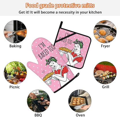 Funny Oven Mitts and Pot Holders Sets Pink Kitchen Accessories Cute Kitchen Decor Funny House Warming Gifts Heat Resistant Cooking Baking Gifts for Women (Pink, Oven Mitts & Pot Holders)