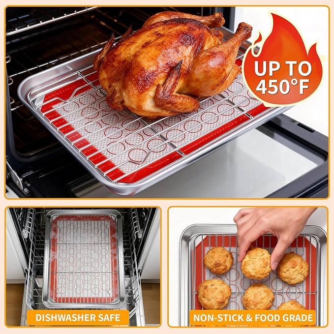 Baking Sheet Pan Set of 12, CEKEE Stainless Steel Cookie Sheets for Baking with Cooling Rack Silicone Baking Mat, Small/Quarter/Jelly Roll Pan, 9/10/12/16 Inch, Heavy Duty & Non Toxic & Easy Clean - Image 7