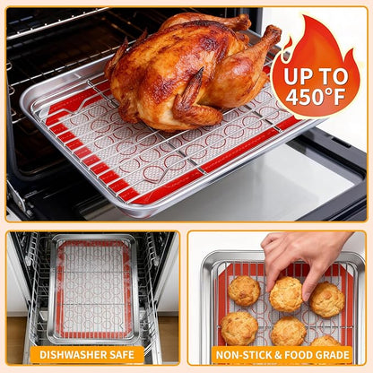 Baking Sheet Pan Set of 12, CEKEE Stainless Steel Cookie Sheets for Baking with Cooling Rack Silicone Baking Mat, Small/Quarter/Jelly Roll Pan, 9/10/12/16 Inch, Heavy Duty & Non Toxic & Easy Clean - Image 7